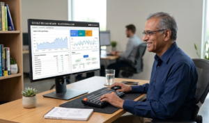 WordPress website management service Consultant SEO consultant reviewing Google SEO dashboard at desk in Central Texas