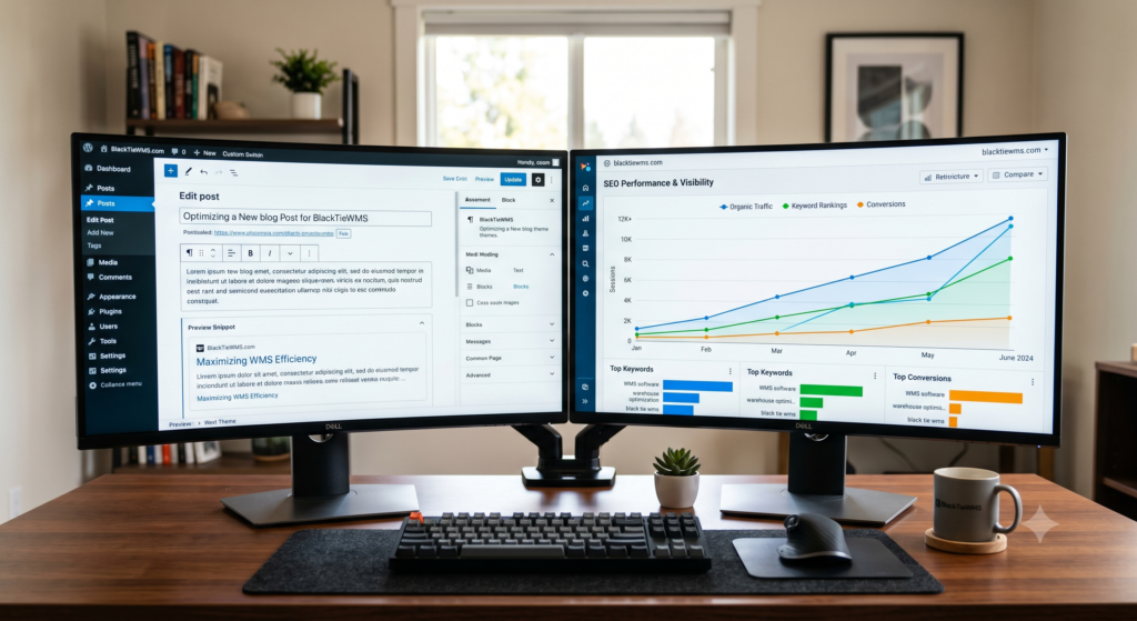 Dual monitor setup showing WordPress blog post editing and SEO performance analytics dashboard for BlackTieWMS.com