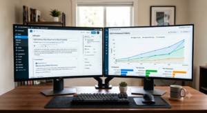 WordPress consultant working on SEO optimization with dual monitor setup showing analytics dashboard