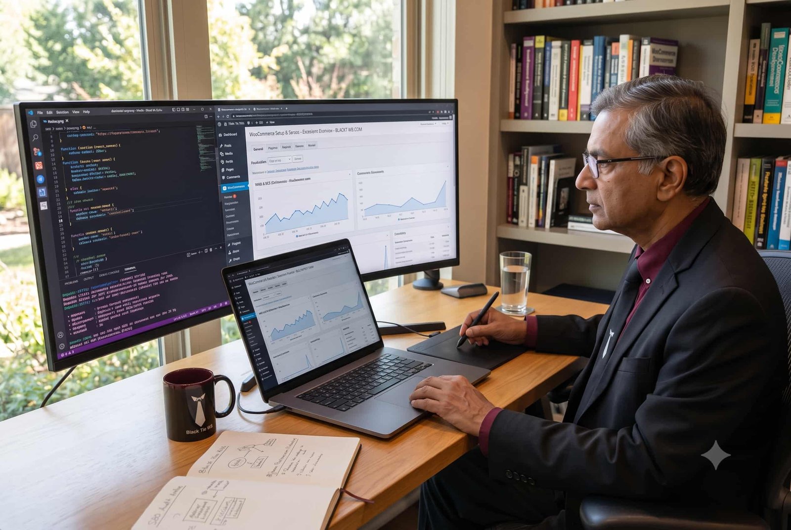 Professional consultant working on a laptop at a wooden desk with a notebook, pen tablet, and a Black Tie WMS coffee mug nearby.