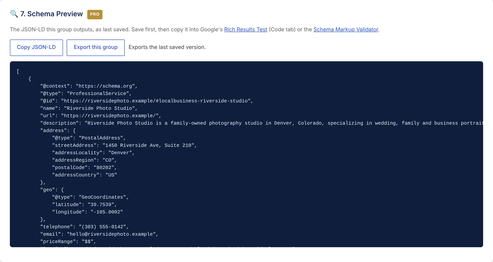 BTW GEO Core Pro local business schema plugin JSON-LD preview with copy and export