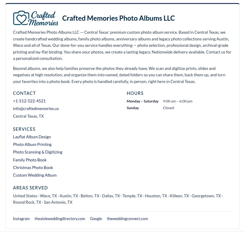 BTW GEO Core Pro business card live on the CraftedMemories photo album website